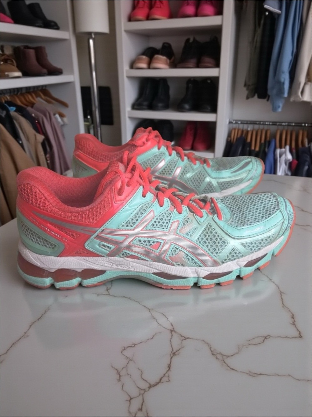 ASICS Gel Kayano 21 Womens Light Green Coral Silver Running Shoes Size 9.5 T4H7N